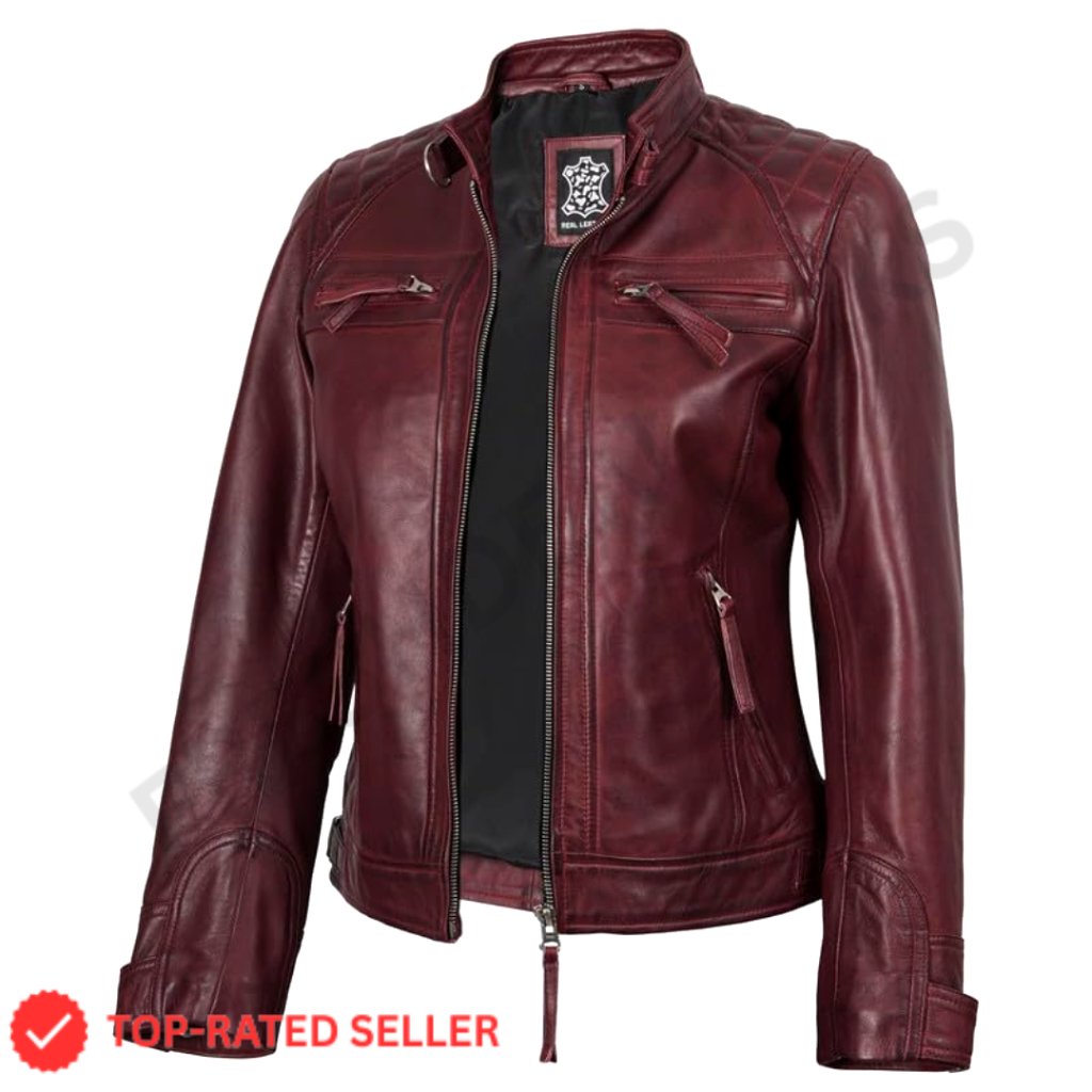 Lambskin Leather Jacket Quilted Cafe Racer Style Stand Collar